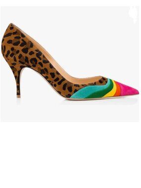 FOWT Leopard-rainbow Pumps High Heel Pointed Toe Pump Slip-on Rainbow Shoes